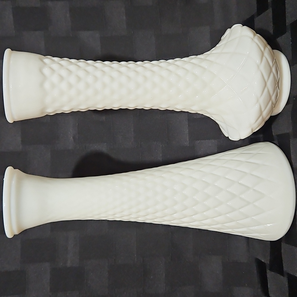 Vintage White Milk Glass Diamond Quilted Bud Vases – "Ring of Fire" Glow
